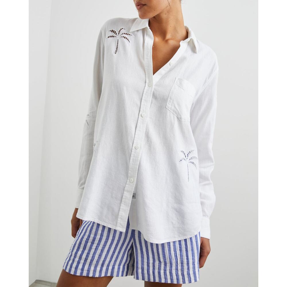 Rails Charli Shirt White Palm Tree Eyelet Linen Blend Button Up NWT Size L